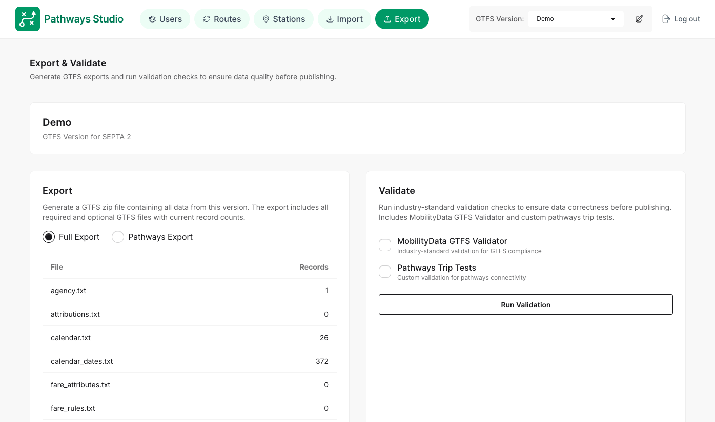 Pathways Studio export and validate screen with GTFS file inventory