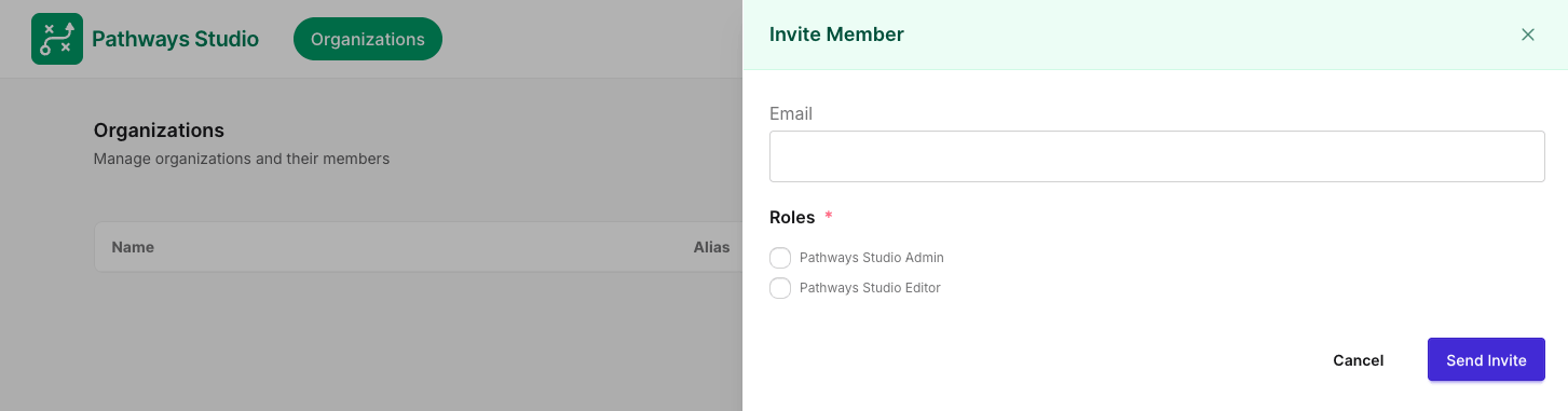 Pathways Studio invite member panel with admin and editor role options