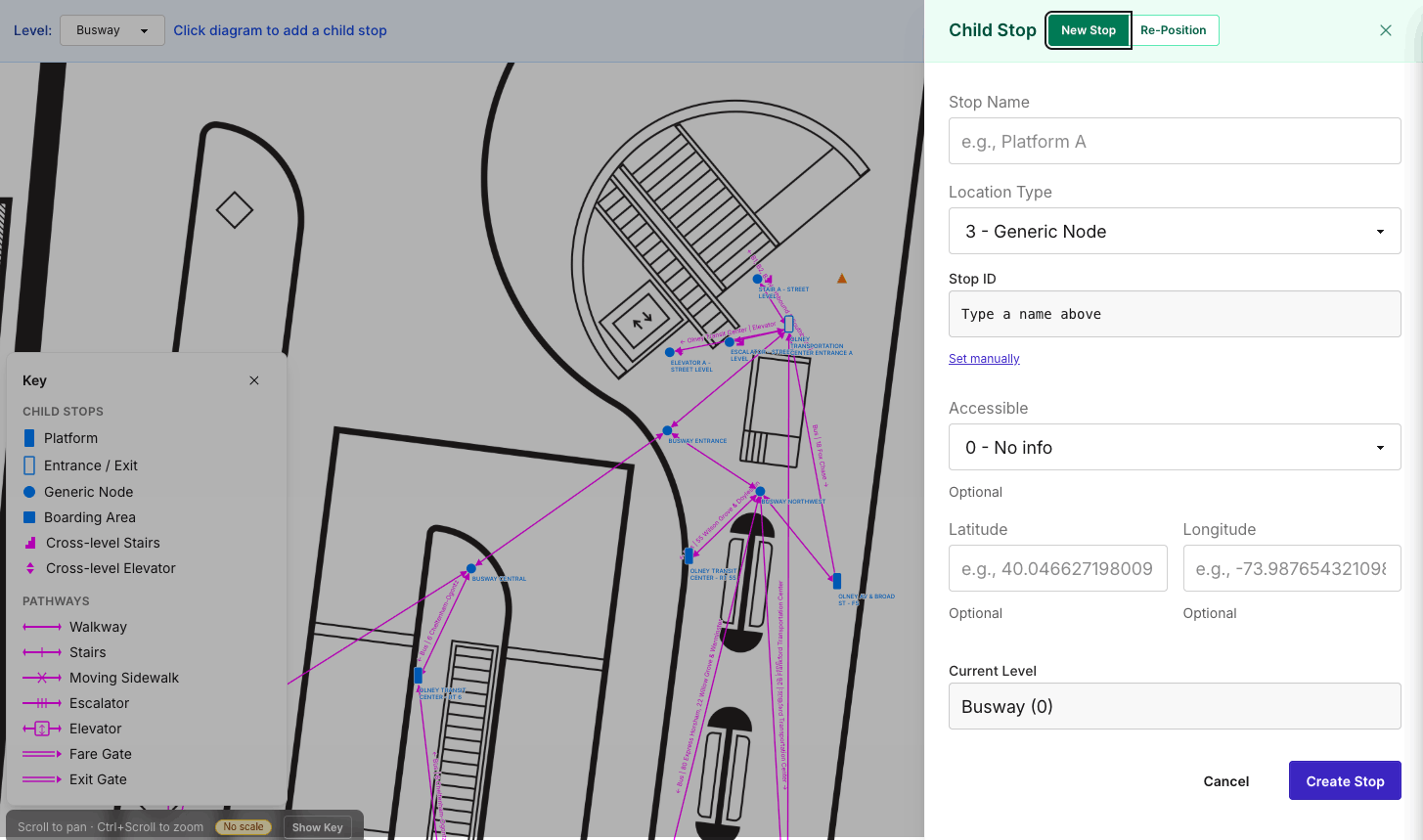 Pathways Studio floorplan editor with pathway nodes and child stop form