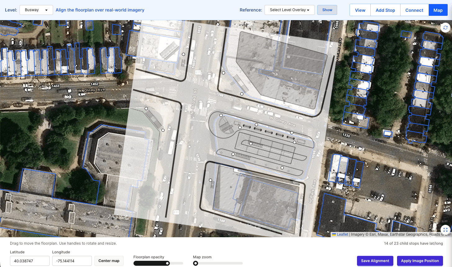Pathways Studio georeferencing map with floorplan overlay controls