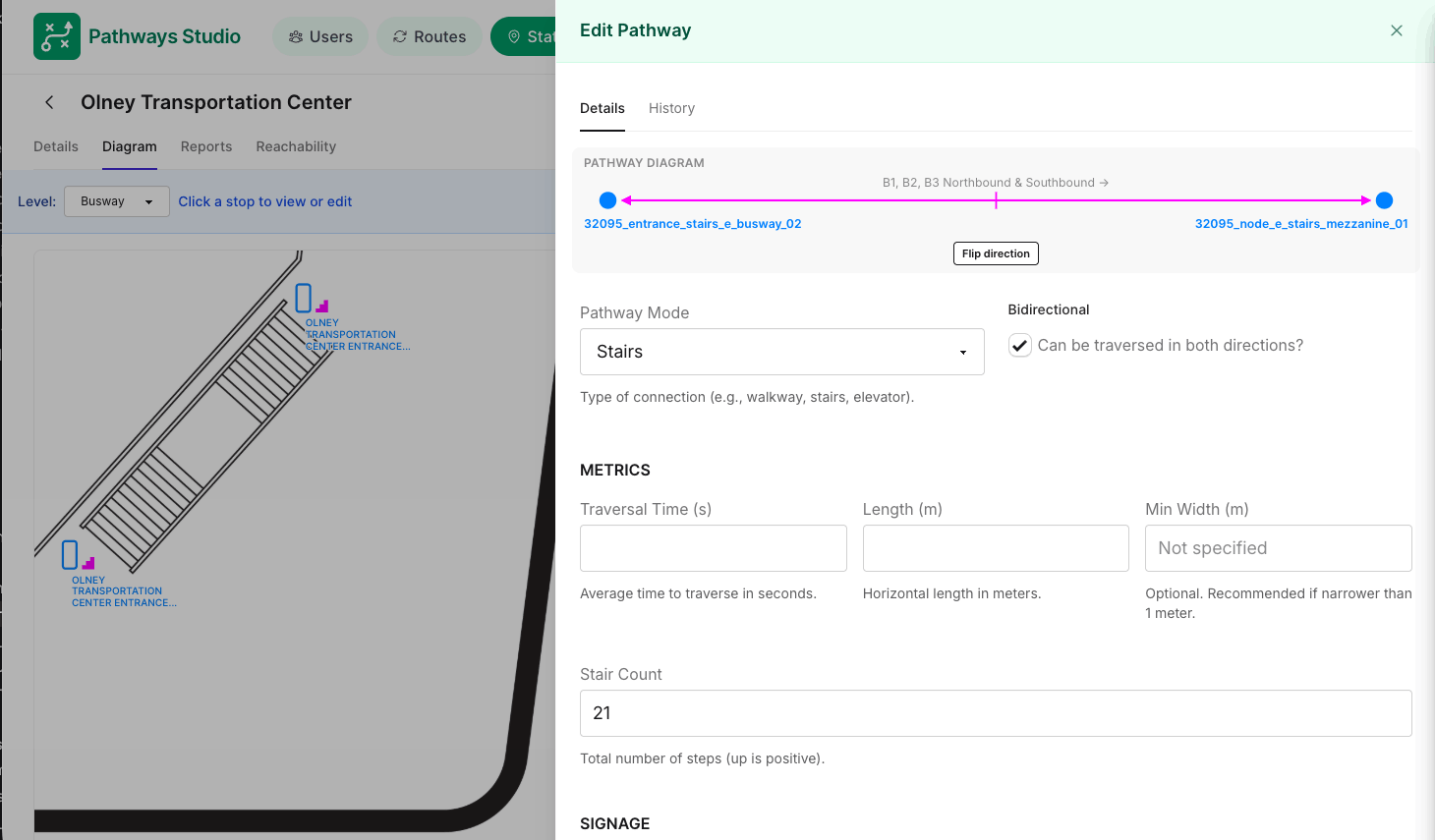 Pathways Studio pathway editor showing a stair connection between station levels